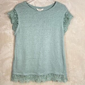 Sundance Women’s 100% Linen Lace Trimmed Feminine Flirty Short Sleeve Top Size S